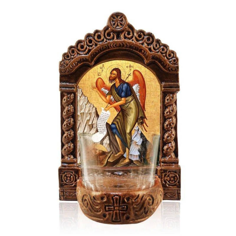 Εικόνα Ορθοδοξίας με περίγραμμα χρυσό σε ξύλο Φλαμουρίας  με  βάση Ιωάννης ο Πρόδρομος Λυχνία, Άγιος Ιωάννης ο Πρόδρομος Κεραμική επιτραπέζια εικόνα, Άγιος Ιωάννης Πρόδρομος Αγρυπνός Λυχνία με Κύπελλο Διάσταση 40x30 cm (15,8 x 11,8 ίντσες)INTRAEK-43216723924