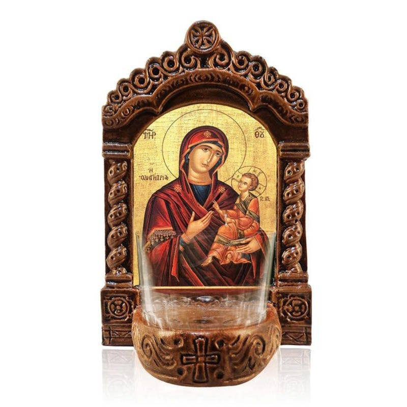 Εικόνα Ορθοδοξίας με περίγραμμα χρυσό σε ξύλο Φλαμουρίας  με  βάση Η Παναγία η Οδηγός Λυχνία, η Παναγία της Οδηγός Κεραμική επιτραπέζια εικόνα, Παναγία Οδηγήτρια Αγρυπνία με Κύπελλο Διάσταση 50x40 cm (19,7 x 15,8 ίντσες)  INTRAEK-6543216723923