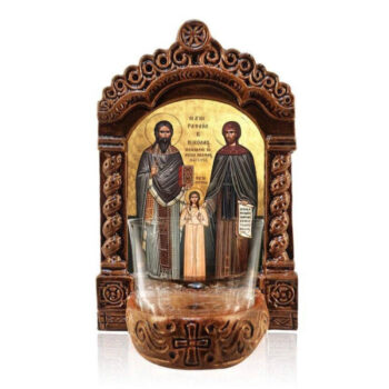 Εικόνα Ορθοδοξίας με περίγραμμα χρυσό σε ξύλο Φλαμουρίας  με  βάση Λάμπα Αγρυπνίας Αγίου Ραφαήλ, Νικολάου και Ειρήνης, Λάμπα Αγρυπνίας Αγίου Ραφαήλ, Νικολάου και Ειρήνης, Χειροποίητο Κεραμικό Φωτιστικό Αγρυπνίας με Γυάλινο Κύπελλο Διάσταση 40x30 cm (15,8 x 11,8 ίντσες)INTRAEK-43216723920 - Image 1