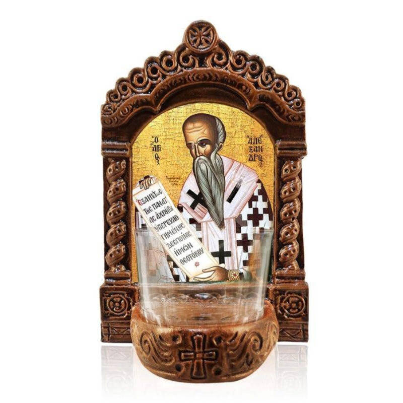 Εικόνα Ορθοδοξίας με περίγραμμα χρυσό σε ξύλο Φλαμουρίας  με  βάση Φωτιστικό Αγρυπνίας Αγίου Αλεξάνδρου, Επιτραπέζια εικόνα Αγίου Αλεξάνδρου ο Απόστολος της Ορθοδοξίας, Χειροποίητο Κεραμικό Φωτιστικό με Γυάλινο Κύπελλο Διάσταση 50x40 cm (19,7 x 15,8 ίντσες)  INTRAEK-6543216723918