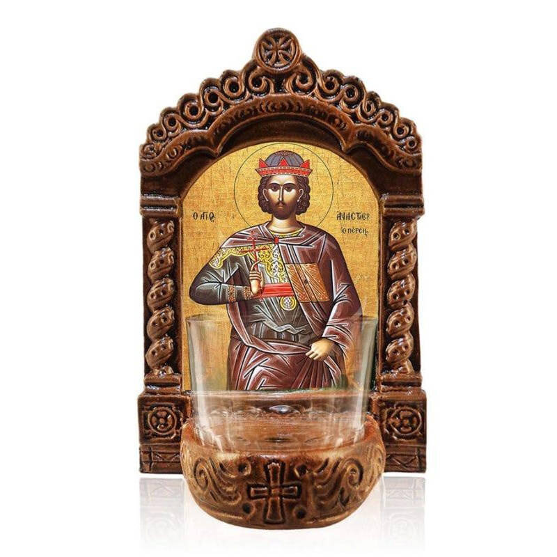 Εικόνα Ορθοδοξίας με περίγραμμα χρυσό σε ξύλο Φλαμουρίας  με  βάση Αγρυπνός Άγιος Αναστάσιος ο Πέρσης, Επιτραπέζια εικόνα Άγιος Αναστάσιος ο Πέρσης, Χειροποίητο Κεραμικό Φανάρι με γυάλινο κύπελλο Διάσταση 50x40 cm (19,7 x 15,8 ίντσες)  INTRAEK-6543216723917