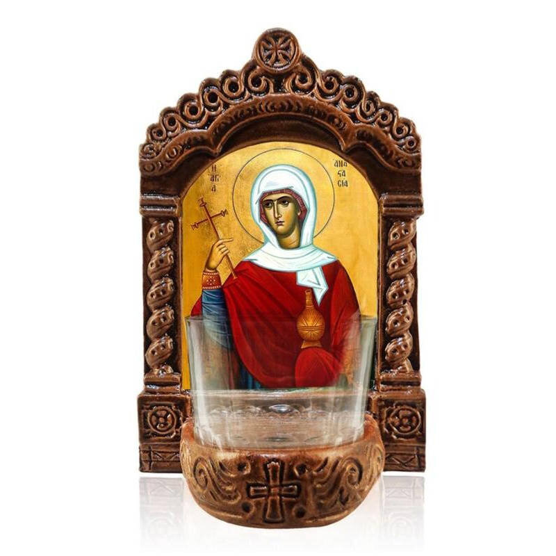 Εικόνα Ορθοδοξίας με περίγραμμα χρυσό σε ξύλο Φλαμουρίας  με  βάση Φωτιστικό Αγρυπνίας Αγίας Αναστασίας η Θεραπεύτρια, Επιτραπέζια εικόνα Αγίας Αναστασίας η Θεραπεύτρια, Χειροποίητο Κεραμικό Φωτιστικό με Γυάλινο Κύπελλο Διάσταση 50x40 cm (19,7 x 15,8 ίντσες)  INTRAEK-6543216723916