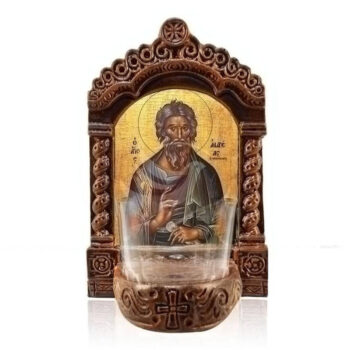 Εικόνα Ορθοδοξίας με περίγραμμα χρυσό σε ξύλο Φλαμουρίας  με  βάση Φωτιστικό Αγρυπνού Αγίου Ανδρέα, Επιτραπέζια εικόνα του Αγίου Ανδρέα, Χειροποίητο Κεραμικό Φωτιστικό με Γυάλινο Κύπελλο Διάσταση 45x35 cm (17,7 x 13,8 ίντσες) INTRAEK-543216723912 - Image 1