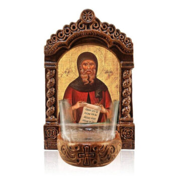 Εικόνα Ορθοδοξίας με περίγραμμα χρυσό σε ξύλο Φλαμουρίας  με  βάση Φωτιστικό Αγρυπνού Αγίου Αντωνίου, Εικόνα Αγίου Αντωνίου του Μεγάλου Επιτραπέζιου, Χειροποίητο Κεραμικό Φωτιστικό με Γυάλινο Κύπελλο Διάσταση 45x35 cm (17,7 x 13,8 ίντσες) INTRAEK-543216723911 - Image 1