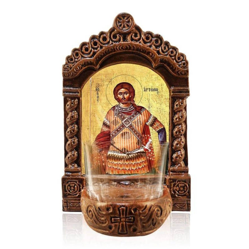 Εικόνα Ορθοδοξίας με περίγραμμα χρυσό σε ξύλο Φλαμουρίας  με  βάση Φωτιστικό Αγρυπνίας Άγιος Αρτέμιος, Χειροποίητη Επιτραπέζια Εικόνα Αγίου Αρτεμίου, Κεραμικό ελληνόφωτο με γυάλινο κύπελλο Διάσταση 50x40 cm (19,7 x 15,8 ίντσες)  INTRAEK-6543216723910