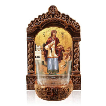 Εικόνα Ορθοδοξίας με περίγραμμα χρυσό σε ξύλο Φλαμουρίας  με  βάση Φωτιστικό Αγρυπνίας Αγίας Βαρβάρας, Επιτραπέζια εικόνα Αγίας Βαρβάρας η Μεγαλομάρτυς, Χειροποίητο Κεραμικό Φανάρι με γυάλινο κύπελλο Διάσταση 45x35 cm (17,7 x 13,8 ίντσες) INTRAEK-543216723909 - Image 1
