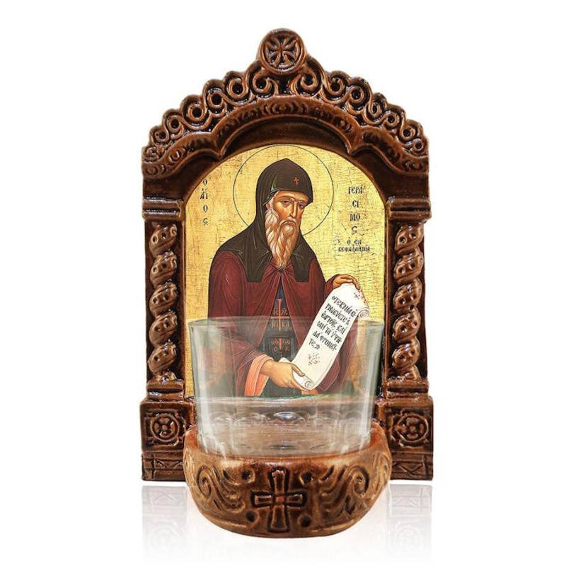 Εικόνα Ορθοδοξίας με περίγραμμα χρυσό σε ξύλο Φλαμουρίας  με  βάση Φωτιστικό Αγρυπνίας Αγίου Γερασίμου, Χειροποίητη επιτραπέζια εικόνα Αγίου Γεράσιμου, Κεραμικό ελληνότεχνο φωτιστικό με γυάλινο κύπελλο Διάσταση 50x40 cm (19,7 x 15,8 ίντσες)  INTRAEK-6543216723907