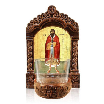 Εικόνα Ορθοδοξίας με περίγραμμα χρυσό σε ξύλο Φλαμουρίας  με  βάση Φωτιστικό Αγρυπνίας Αγίου Ευστράτιου, Επιτραπέζια εικόνα του Αγίου Ευστράτιου Ελληνικής κατασκευής, Χειροποίητο Κεραμικό Φωτιστικό με Γυάλινο Κύπελλο Διάσταση 45x35 cm (17,7 x 13,8 ίντσες) INTRAEK-543216723896 - Image 1