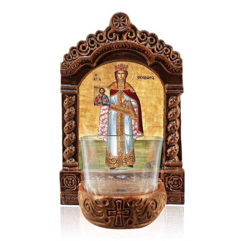 Εικόνα Ορθοδοξίας με περίγραμμα χρυσό σε ξύλο Φλαμουρίας  με  βάση Φωτιστικό Αγίας Θεοδώρας, Αγία Θεοδώρα η Αυτοκράτειρα Ελληνική Επιτραπέζια Εικόνα, Χειροποίητο Κεραμικό Φωτιστικό με Γυάλινο Κύπελλο Διάσταση 50x40 cm (19,7 x 15,8 ίντσες)  INTRAEK-6543216723893