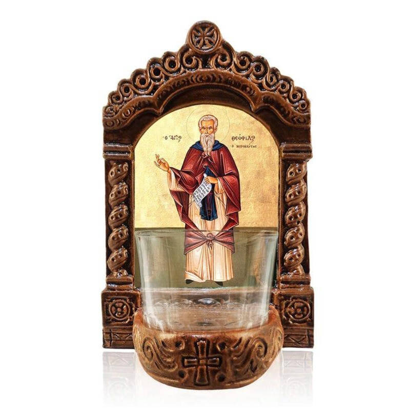 Εικόνα Ορθοδοξίας με περίγραμμα χρυσό σε ξύλο Φλαμουρίας  με  βάση Φωτιστικό Αγρυπνού Αγίου Θεοφίλου, Επιτραπέζια εικόνα του Αγίου Θεοφίλου Ελληνικής κατασκευής, Χειροποίητο Κεραμικό Φωτιστικό με Γυάλινο Κύπελλο Διάσταση 40x30 cm (15,8 x 11,8 ίντσες)INTRAEK-43216723892