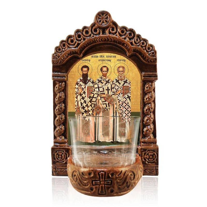 Εικόνα Ορθοδοξίας με περίγραμμα χρυσό σε ξύλο Φλαμουρίας  με  βάση Λυχνία Αγρυπνίας Τριών Ιεραρχών, Άγιος Βασίλειος ο Μέγας Άγιος Γρηγόριος ο Θεολόγος και Άγιος Ιωάννης ο Χρυσόστομος, Χειροποίητο Κεραμικό Λυχνία Αγρυπνίας Διάσταση 40x30 cm (15,8 x 11,8 ίντσες)INTRAEK-43216723890