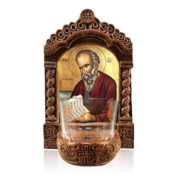 Εικόνα Ορθοδοξίας με περίγραμμα χρυσό σε ξύλο Φλαμουρίας  με  βάση Φωτιστικό Αγρυπνίας Αγίου Ιωάννη του Θεολόγου, Επιτραπέζια εικόνα του Αγίου Ιωάννη του Ευαγγελιστή Ελληνικής κατασκευής, Χειροποίητο Κεραμικό Φωτιστικό με Γυάλινο Κύπελλο Διάσταση 45x35 cm (17,7 x 13,8 ίντσες) INTRAEK-543216723889 - Image 1