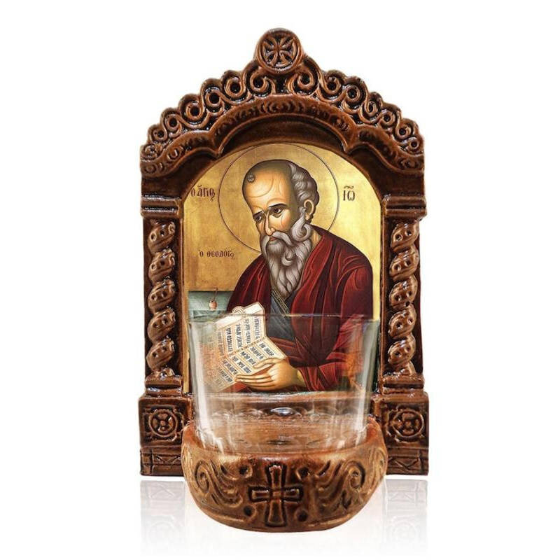 Εικόνα Ορθοδοξίας με περίγραμμα χρυσό σε ξύλο Φλαμουρίας  με  βάση Φωτιστικό Αγρυπνίας Αγίου Ιωάννη του Θεολόγου, Επιτραπέζια εικόνα του Αγίου Ιωάννη του Ευαγγελιστή Ελληνικής κατασκευής, Χειροποίητο Κεραμικό Φωτιστικό με Γυάλινο Κύπελλο Διάσταση 40x30 cm (15,8 x 11,8 ίντσες)INTRAEK-43216723889
