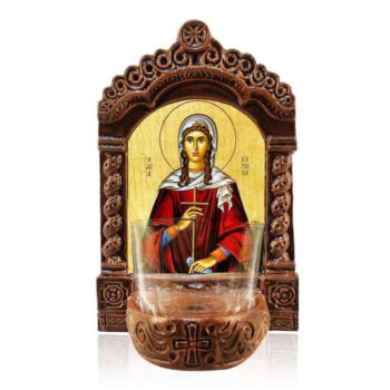 Εικόνα Ορθοδοξίας με περίγραμμα χρυσό σε ξύλο Φλαμουρίας  με  βάση Αγρυπνός Αγίας Κυριάκας, Αγία Κυριακή η Μεγαλομάρτυς Ελληνική Επιτραπέζια Εικόνα, Χειροποίητο Κεραμικό Φωτεινό με Γυάλινο Κύπελλο Διάσταση 40x30 cm (15,8 x 11,8 ίντσες)INTRAEK-43216723884 - Image 1