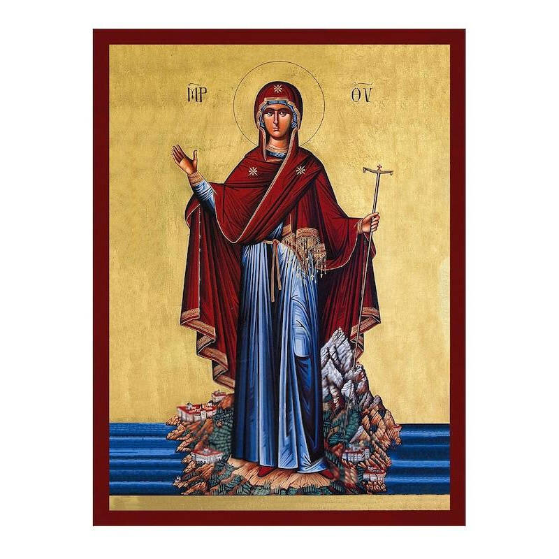 Εικόνα Ορθοδοξίας με περίγραμμα χρυσό σε ξύλο Φλαμουρίας  με  βάση Παναγία Αγιορείτικη εικόνα, Χειροποίητη ελληνική εικόνα της Παναγίας του Αγίου Όρους, επιτοίχια βυζαντινή τέχνη, χριστιανικό δώρο Διάσταση 50x40 cm (19,7 x 15,8 ίντσες)  INTRAEK-6543216723882