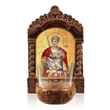 Εικόνα Ορθοδοξίας με περίγραμμα χρυσό σε ξύλο Φλαμουρίας με βάση Φωτιστικό Αγρυπνίας Αγίας Μίνας, Επιτραπέζια Εικόνα Ελληνικής κατασκευής Αγίας Μίνας, Χειροποίητο Κεραμικό Φωτιστικό με Γυάλινο Κύπελλο Διάσταση 45x35 cm (17,7 x 13,8 ίντσες) INTRAEK-543216723880 - Image 1