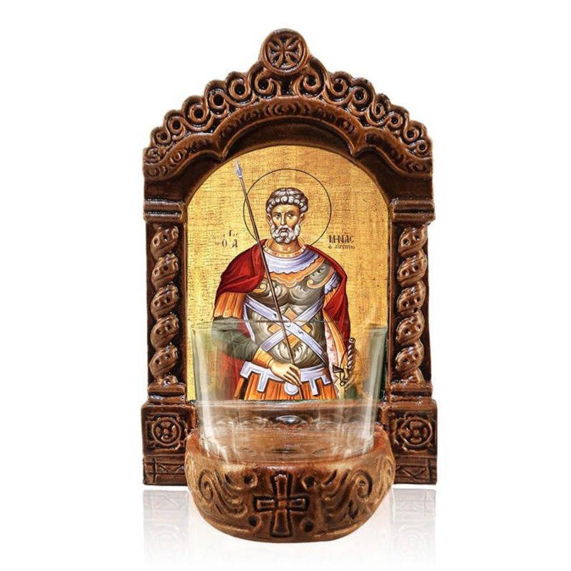 Εικόνα Ορθοδοξίας με περίγραμμα χρυσό σε ξύλο Φλαμουρίας  με  βάση Φωτιστικό Αγρυπνίας Αγίας Μίνας, Επιτραπέζια Εικόνα Ελληνικής κατασκευής Αγίας Μίνας, Χειροποίητο Κεραμικό Φωτιστικό με Γυάλινο Κύπελλο Διάσταση 40x30 cm (15,8 x 11,8 ίντσες)INTRAEK-43216723880