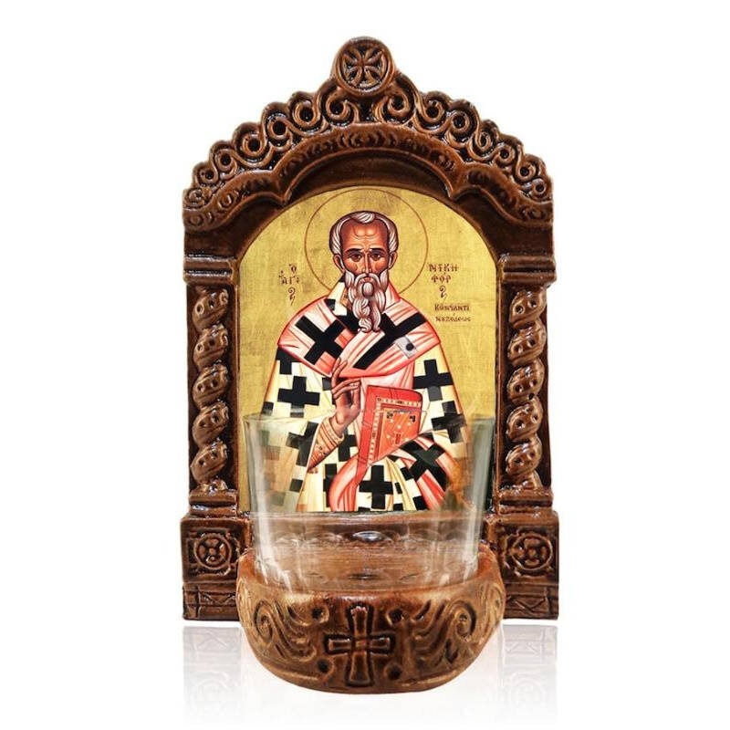 Εικόνα Ορθοδοξίας με περίγραμμα χρυσό σε ξύλο Φλαμουρίας  με  βάση Φωτιστικό Αγρυπνού Αγίου Νικηφόρου, Επιτραπέζια εικόνα του Αγίου Νικηφόρου Κωνσταντινουπόλεως Ελληνικής κατασκευής, Χειροποίητο Κεραμικό Φωτιστικό με Γυάλινο Κύπελλο Διάσταση 50x40 cm (19,7 x 15,8 ίντσες)  INTRAEK-6543216723878