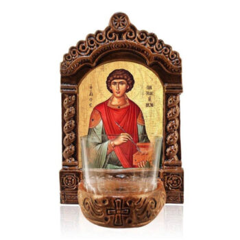 Εικόνα Ορθοδοξίας με περίγραμμα χρυσό σε ξύλο Φλαμουρίας  με  βάση Αγρυπνός Αγίου Παντελεήμονα, Άγιος Παντελεήμονας ο Μεγαλομάρτυρας Ελληνικής κατασκευής Επιτραπέζια εικόνα, Χειροποίητο Κεραμικό Φανάρι με Γυάλινο Κύπελλο Διάσταση 40x30 cm (15,8 x 11,8 ίντσες)INTRAEK-43216723876 - Image 1