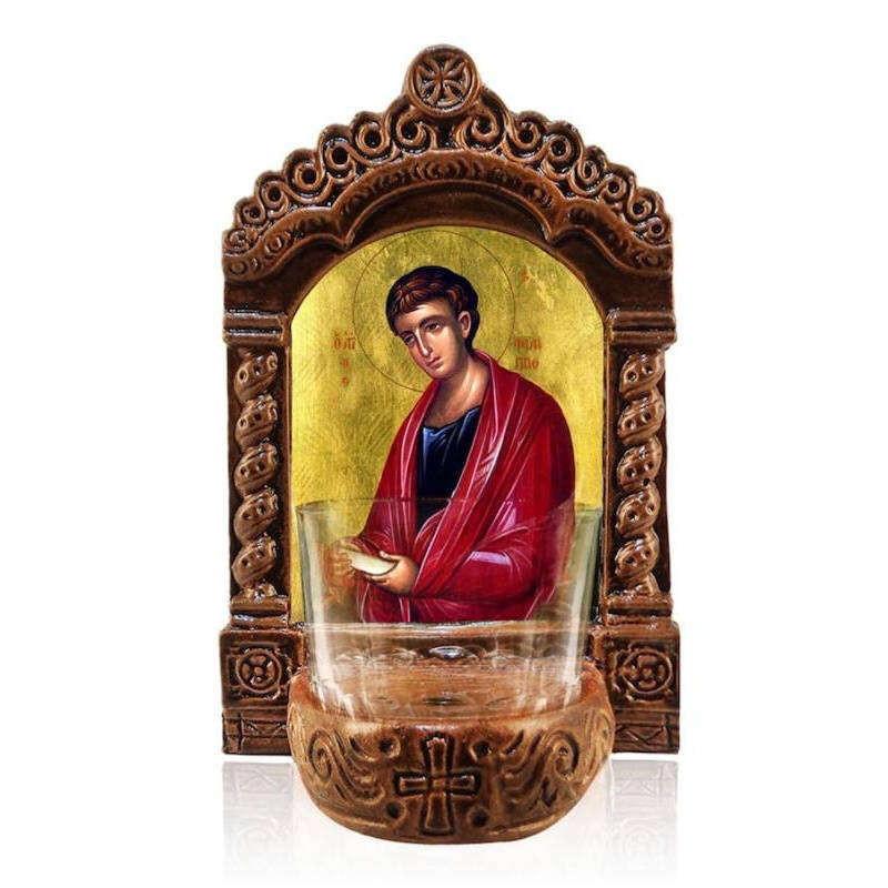 Εικόνα Ορθοδοξίας με περίγραμμα χρυσό σε ξύλο Φλαμουρίας  με  βάση Φωτιστικό Αγρυπνού Αγίου Φίλιππου, Επιτραπέζια εικόνα του Αγίου Φίλιππου ο Απόστολος Ελληνικής κατασκευής, Χειροποίητο Κεραμικό Φωτιστικό με Γυάλινο Κύπελλο Διάσταση 40x30 cm (15,8 x 11,8 ίντσες)INTRAEK-43216723866