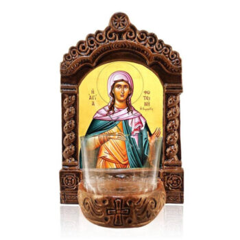 Εικόνα Ορθοδοξίας με περίγραμμα χρυσό σε ξύλο Φλαμουρίας  με  βάση Φωτιστικό Αγρυπνίας Αγίας Φωτεινής, Αγία Φωτεινή η Σαμαρείτιδα Ελληνική Επιτραπέζια Εικόνα, Χειροποίητο Κεραμικό Φωτιστικό Αγρυπνίας με Γυάλινο Κύπελλο Διάσταση 45x35 cm (17,7 x 13,8 ίντσες) INTRAEK-543216723865 - Image 1