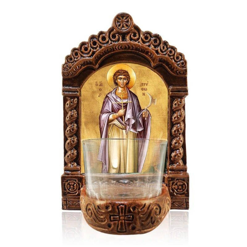Εικόνα Ορθοδοξίας με περίγραμμα χρυσό σε ξύλο Φλαμουρίας  με  βάση Φωτιστικό Αγρυπνίας Αγίου Τρύφωνος, Άγιος Τρύφωνας Προστάτης Καλλιεργειών και Ζώων Ελληνικής κατασκευής Επιτραπέζια εικόνα, Χειροποίητο Κεραμικό Φωτιστικό Αγρυπνίας με Γυάλινο Κύπελλο Διάσταση 50x40 cm (19,7 x 15,8 ίντσες)  INTRAEK-6543216723864