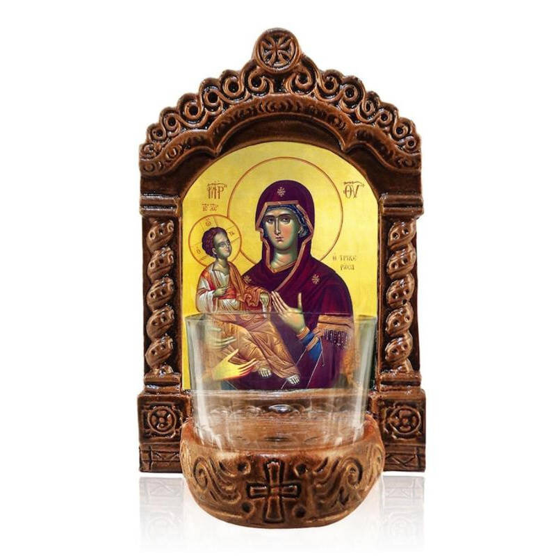 Εικόνα Ορθοδοξίας με περίγραμμα χρυσό σε ξύλο Φλαμουρίας  με  βάση Παναγία Αγρυπνία Παναγία, Παναγία των Τριών Χεριών Ελληνική Επιτραπέζια Εικόνα, Χειροποίητο Κεραμικό Φωτιστικό με Γυάλινο Κύπελλο Διάσταση 40x30 cm (15,8 x 11,8 ίντσες)INTRAEK-43216723863