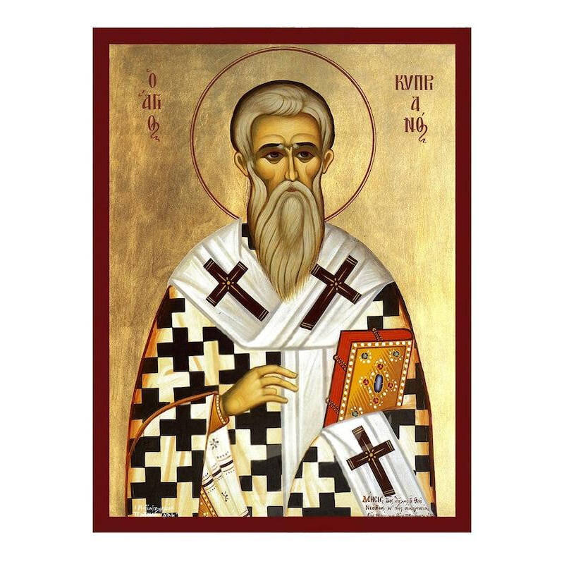 Εικόνα Ορθοδοξίας με περίγραμμα χρυσό σε ξύλο Φλαμουρίας  με  βάση Εικόνα του Αγίου Κυπριακού, Χειροποίητη Βυζαντινή εικόνα του Αγίου Κυπριανού, Κρεμαστή πλάκα θρησκευτικής τέχνης, Χριστιανικό δώρο Διάσταση 50x40 cm (19,7 x 15,8 ίντσες)  INTRAEK-6543216723861