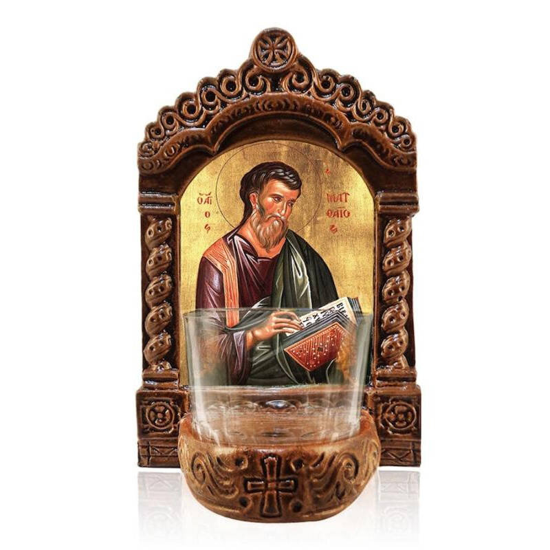 Εικόνα Ορθοδοξίας με περίγραμμα χρυσό σε ξύλο Φλαμουρίας  με  βάση Αγρυπνός Άγιος Ματθαίος, Άγιος Ματθαίος ο Απόστολος Ελληνικής κατασκευής Επιτραπέζια εικόνα, Χειροποίητο Κεραμικό Φωτιστικό με Γυάλινο Κύπελλο Διάσταση 50x40 cm (19,7 x 15,8 ίντσες)  INTRAEK-6543216723859