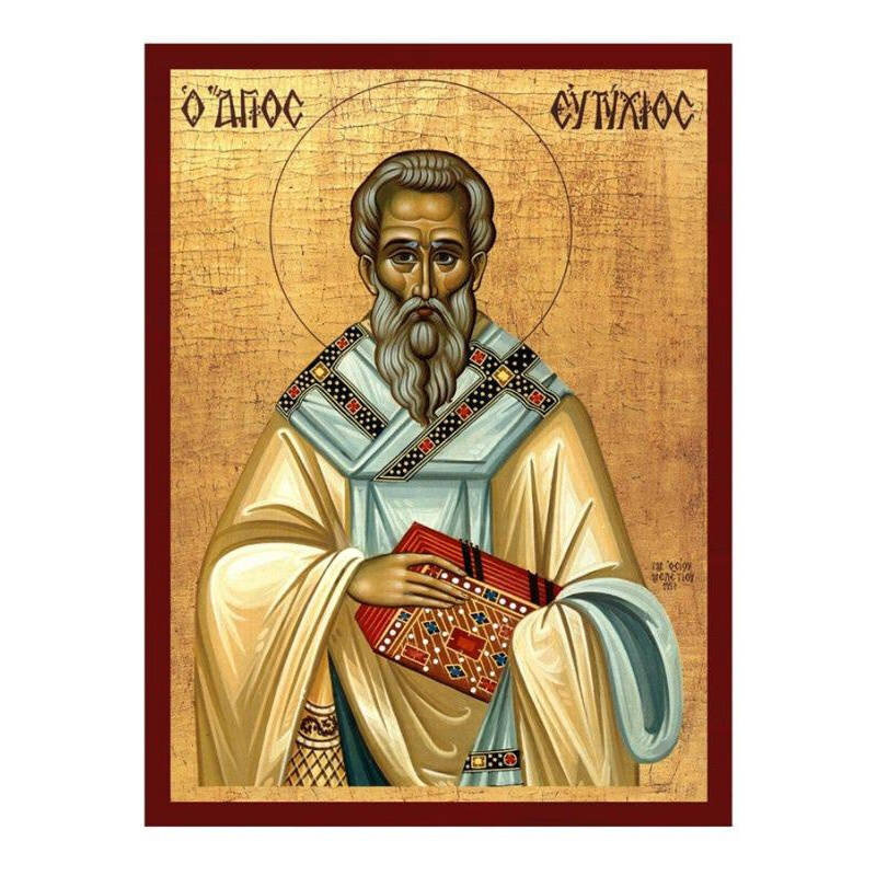 Εικόνα Ορθοδοξίας με περίγραμμα χρυσό σε ξύλο Φλαμουρίας  με  βάση Εικόνα Αγίου Ευτυχίου Πατριάρχη Κωνσταντινουπόλεως, Χειροποίητη Ελληνική εικόνα Αγίου Ευτυχίου, επιτοίχια πλάκα βυζαντινής τέχνης, χριστιανικό δώρο Διάσταση 50x40 cm (19,7 x 15,8 ίντσες)  INTRAEK-6543216723858