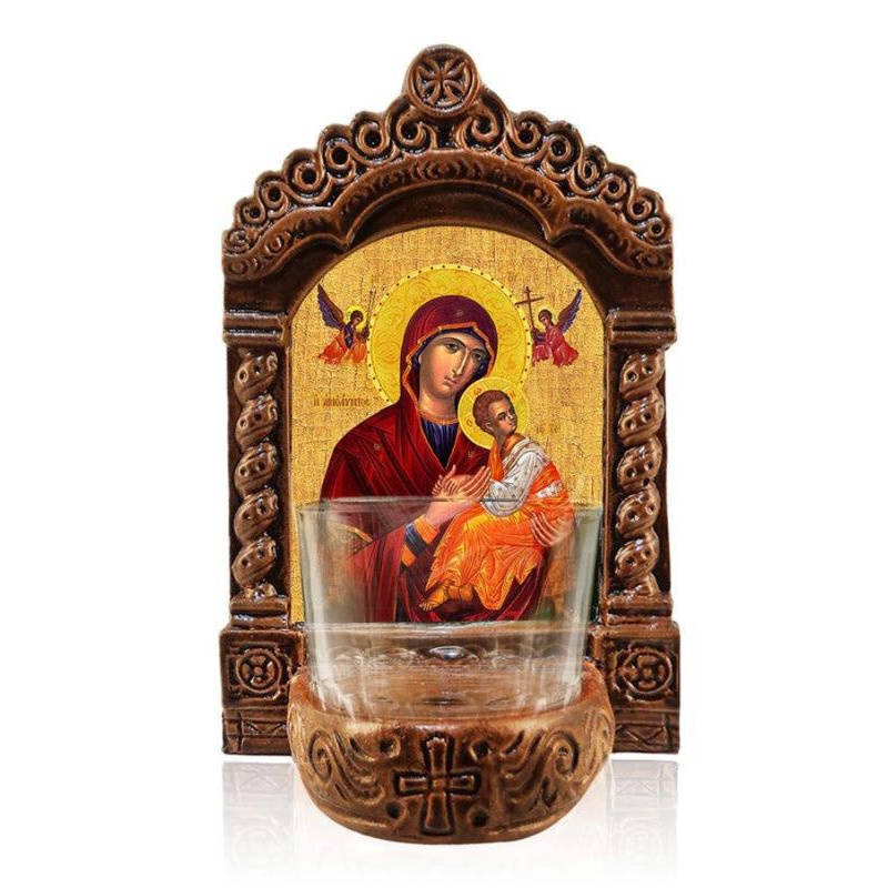 Εικόνα Ορθοδοξίας με περίγραμμα χρυσό σε ξύλο Φλαμουρίας  με  βάση Παναγία η Αμόλυντη Λυχνία, Παναγία η Άμωμη Κεραμική Επιτραπέζια Εικόνα, Παναγία Οδηγήτρια Αγρυπνία με Κύπελλο Διάσταση 50x40 cm (19,7 x 15,8 ίντσες)  INTRAEK-6543216723844