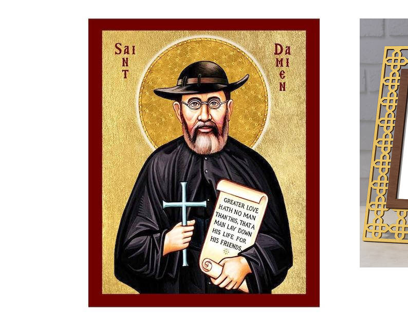 Εικόνα Ορθοδοξίας με περίγραμμα χρυσό σε ξύλο Φλαμουρίας  με  βάση Εικόνα Saint Damien of Molokai, Χειροποίητη Θρησκευτική Εικόνα Saint Damien, Κρεμαστή πλάκα Βυζαντινής Τέχνης, Χριστιανική Θρησκευτική Τέχνη Διάσταση 40x30 cm (15,8 x 11,8 ίντσες)INTRAEK-43216723824
