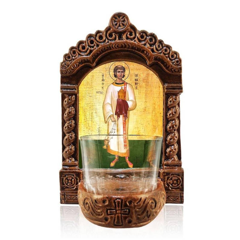 Εικόνα Ορθοδοξίας με περίγραμμα χρυσό σε ξύλο Φλαμουρίας  με  βάση Αγρυπνός Αγίου Στεφάνου, Άγιος Στέφανος ο Πρωτομάρτυρας Ελληνικής κατασκευής Επιτραπέζια εικόνα, Χειροποίητο Κεραμικό Φωτιστικό με Γυάλινο Κύπελλο Διάσταση 50x40 cm (19,7 x 15,8 ίντσες)  INTRAEK-6543216723799