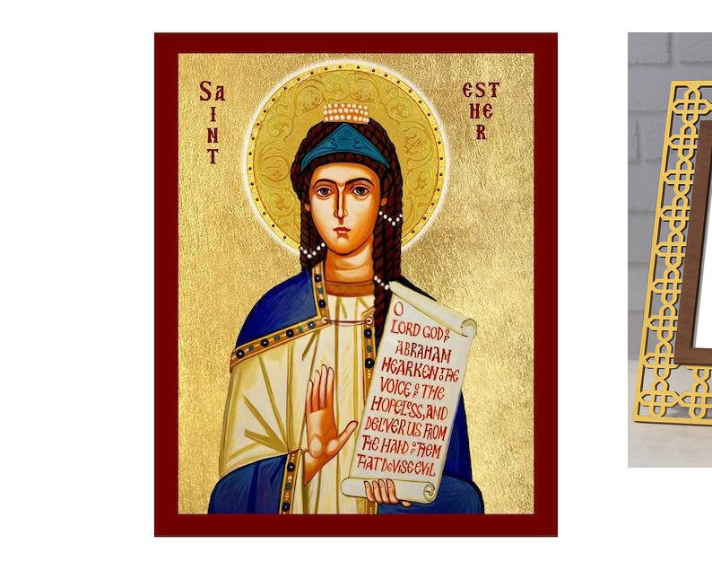 Εικόνα Ορθοδοξίας με περίγραμμα χρυσό σε ξύλο Φλαμουρίας  με  βάση Εικόνα Αγίας Εσθήρ η Δίκαιη, Χειροποίητη Χριστιανική Εικόνα της Αγίας Εσθήρ, Πλακέτα Βυζαντινής Τέχνης, Χριστιανική Θρησκευτική Τέχνη Διάσταση 40x30 cm (15,8 x 11,8 ίντσες)INTRAEK-43216723790