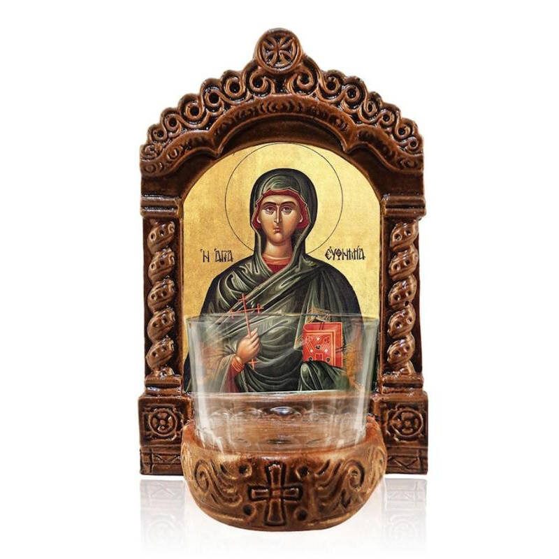 Εικόνα Ορθοδοξίας με περίγραμμα χρυσό σε ξύλο Φλαμουρίας  με  βάση Αγρυπνός Αγρυπνίας Αγίας Ευφημίας, Αγία Ευφημία η Μεγαλομάρτυς Ελληνική Επιτραπέζια Εικόνα, Χειροποίητο Κεραμικό Φωτιστικό Αγρυπνίας με Γυάλινο Κύπελλο Διάσταση 40x30 cm (15,8 x 11,8 ίντσες)INTRAEK-43216723781