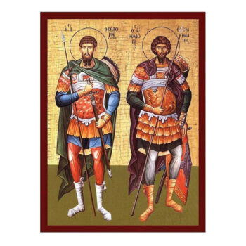 Εικόνα Ορθοδοξίας με περίγραμμα χρυσό σε ξύλο Φλαμουρίας  με  βάση Άγιοι Θεόδωρος ο Τύρος και Θεόδωρος ο Στρατηλάτης εικόνα, Χειροποίητη ελληνική εικόνα, επιτοίχια πλάκα βυζαντινής τέχνης, χριστιανικό δώρο Διάσταση 45x35 cm (17,7 x 13,8 ίντσες) INTRAEK-543216723762 - Image 1