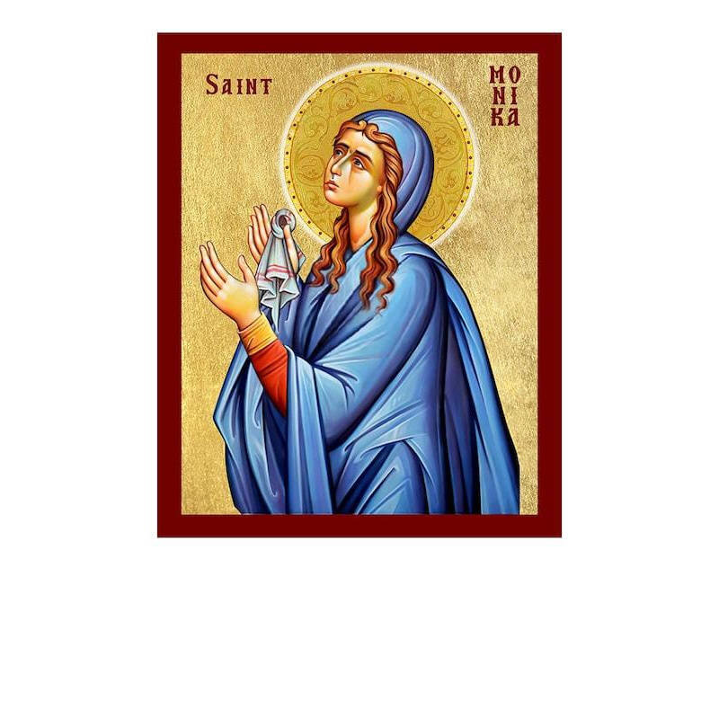 Εικόνα Ορθοδοξίας με περίγραμμα χρυσό σε ξύλο Φλαμουρίας  με  βάση Εικόνα Αγίας Μόνικας, Χειροποίητη Θρησκευτική Εικόνα Αγίας Μόνικας, Κρεμαστή πλάκα Βυζαντινής Τέχνης, Χριστιανική Θρησκευτική Τέχνη Διάσταση 40x30 cm (15,8 x 11,8 ίντσες)INTRAEK-43216723740