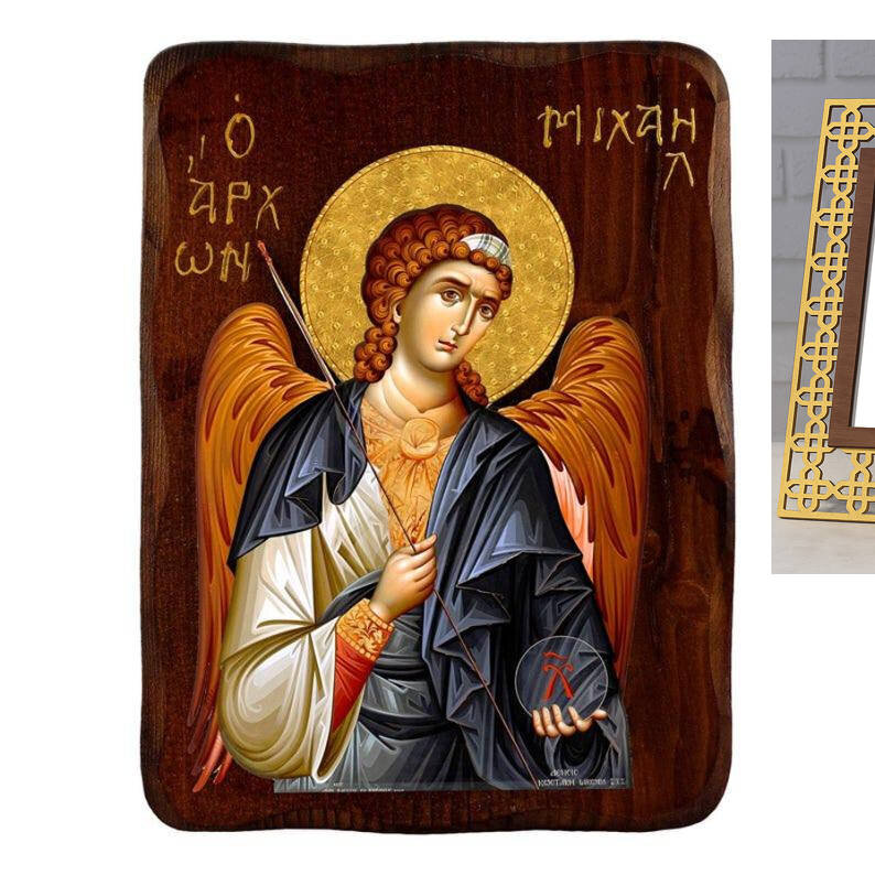 Εικόνα Ορθοδοξίας με περίγραμμα χρυσό σε ξύλο Φλαμουρίας  με  βάση Εικόνα Αρχαγγέλου Μιχαήλ, Χειροποίητη ελληνική εικόνα του Αρχαγγέλου Μιχαήλ, επιτοίχια πλάκα βυζαντινής τέχνης, θρησκευτικό δώρο, χριστιανική διακόσμηση Διάσταση 50x40 cm (19,7 x 15,8 ίντσες)  INTRAEK-6543216723739