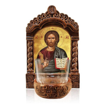 Εικόνα Ορθοδοξίας με περίγραμμα χρυσό σε ξύλο Φλαμουρίας  με  βάση Φωτιστικό Αγρυπνίας Ιησού Χριστού, Εικονίδιο Επιτραπέζιου Ιησού Χριστού Ευλόγων, Χειροποίητο Κεραμικό Φωτιστικό με Γυάλινο Κύπελλο Διάσταση 45x35 cm (17,7 x 13,8 ίντσες) INTRAEK-543216723738 - Image 1