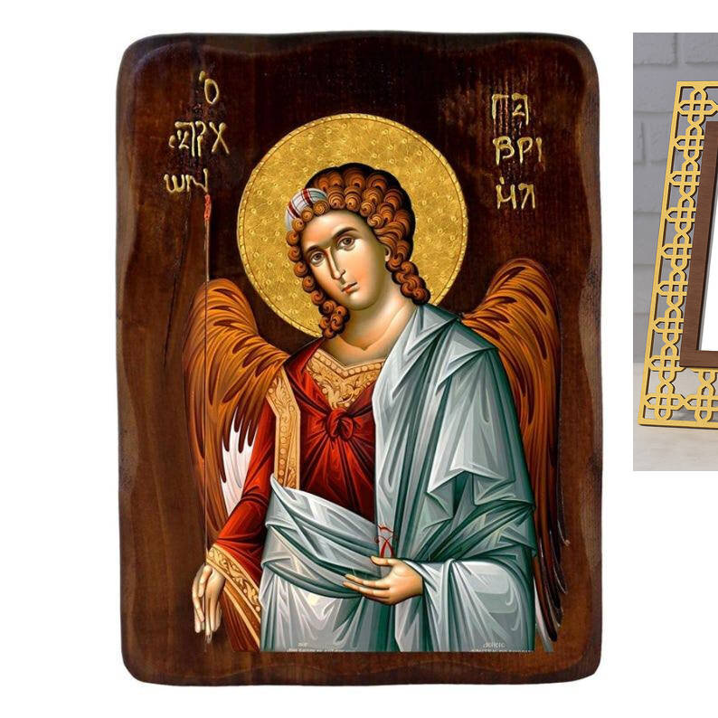 Εικόνα Ορθοδοξίας με περίγραμμα χρυσό σε ξύλο Φλαμουρίας  με  βάση Εικόνα Αρχαγγέλου Γαβριήλ, Χειροποίητη ελληνική εικόνα του Αρχαγγέλου Γαβριήλ, επιτοίχια πλάκα βυζαντινής τέχνης, θρησκευτικό δώρο, χριστιανική διακόσμηση Διάσταση 50x40 cm (19,7 x 15,8 ίντσες)  INTRAEK-6543216723737