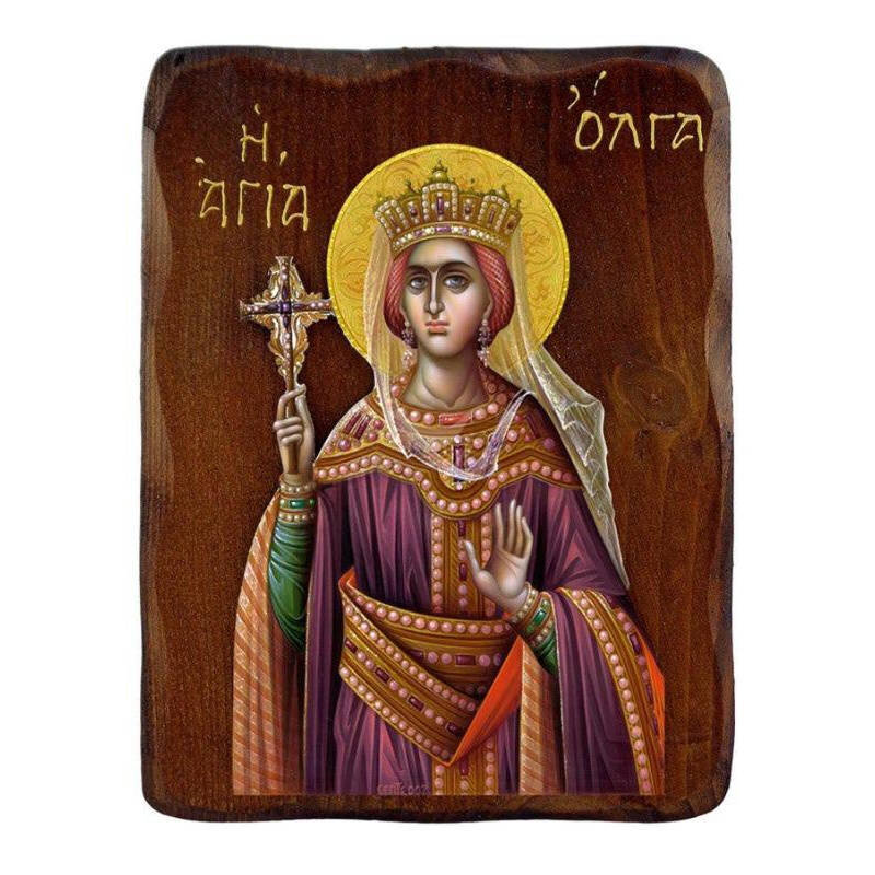 Εικόνα Ορθοδοξίας με περίγραμμα χρυσό σε ξύλο Φλαμουρίας  με  βάση Εικόνα Αγίας Όλγας, Χειροποίητη ελληνορθόδοξη εικόνα της Αγίας Όλγας, επιτοίχια πλάκα βυζαντινής τέχνης, θρησκευτικό δώρο, χριστιανική διακόσμηση Διάσταση 50x40 cm (19,7 x 15,8 ίντσες)  INTRAEK-6543216723734