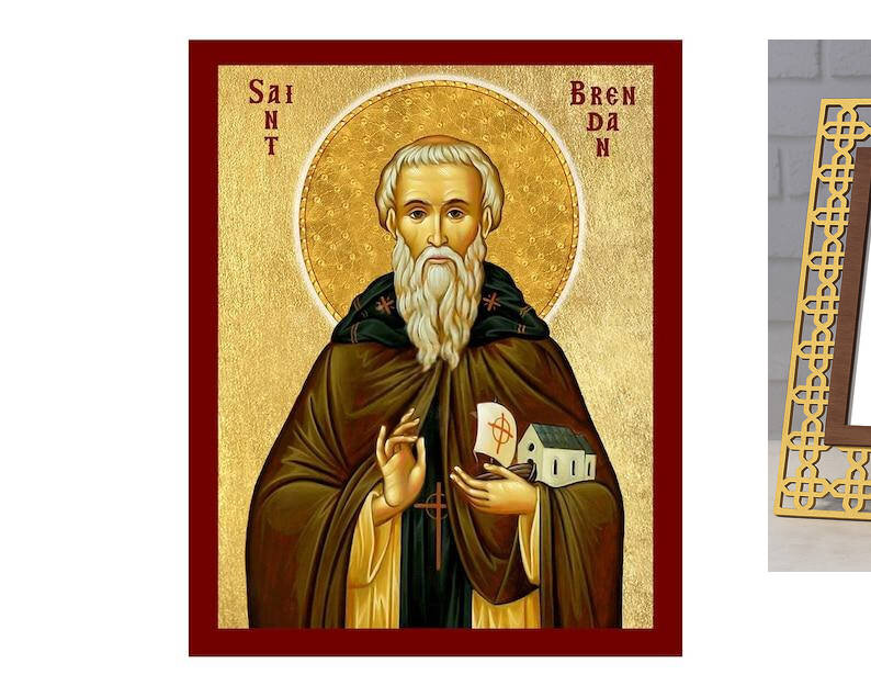 Εικόνα Ορθοδοξίας με περίγραμμα χρυσό σε ξύλο Φλαμουρίας  με  βάση Εικόνα Αγίου Μπρένταν του Πλοηγού, Χειροποίητη Χριστιανική Εικόνα του Αγίου Μπρένταν, Πλακέτα Βυζαντινής Τέχνης, Χριστιανική Θρησκευτική Τέχνη Διάσταση 40x30 cm (15,8 x 11,8 ίντσες)INTRAEK-43216723726