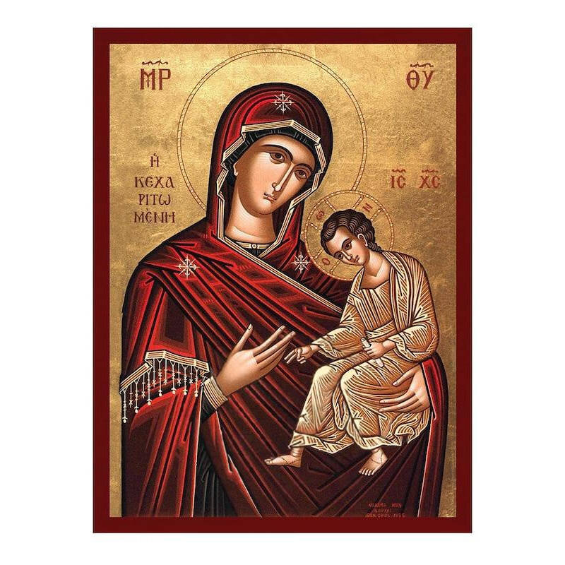 Εικόνα Ορθοδοξίας με περίγραμμα χρυσό σε ξύλο Φλαμουρίας  με  βάση Παναγία Γεμάτη Χάρη εικόνα, Χειροποίητη Βυζαντινή εικόνα Παναγίας Κεχαριτωμένης, Πλακέτα θρησκευτικής τέχνης, Χριστιανικό δώρο Διάσταση 50x40 cm (19,7 x 15,8 ίντσες)  INTRAEK-6543216723723