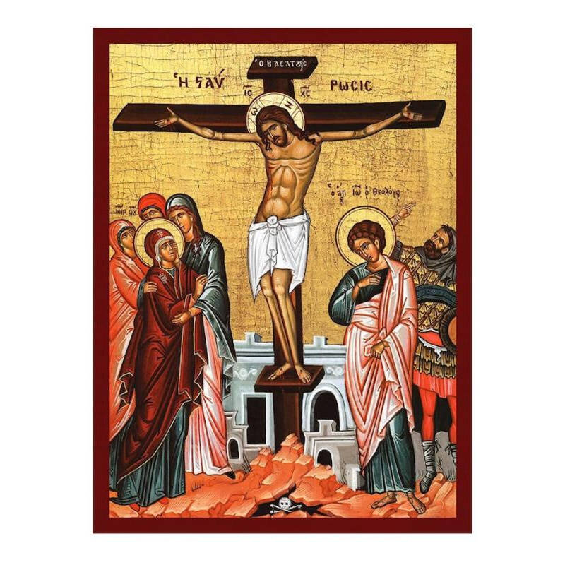 Εικόνα Ορθοδοξίας με περίγραμμα χρυσό σε ξύλο Φλαμουρίας  με  βάση Εικόνα Η Σταύρωση του Χριστού, Χειροποίητη Ελληνορθόδοξη εικόνα του Ιησού Χριστού, Κρεμαστή πλάκα βυζαντινής τέχνης, βυζαντινή τέχνη Διάσταση 50x40 cm (19,7 x 15,8 ίντσες)  INTRAEK-6543216723717