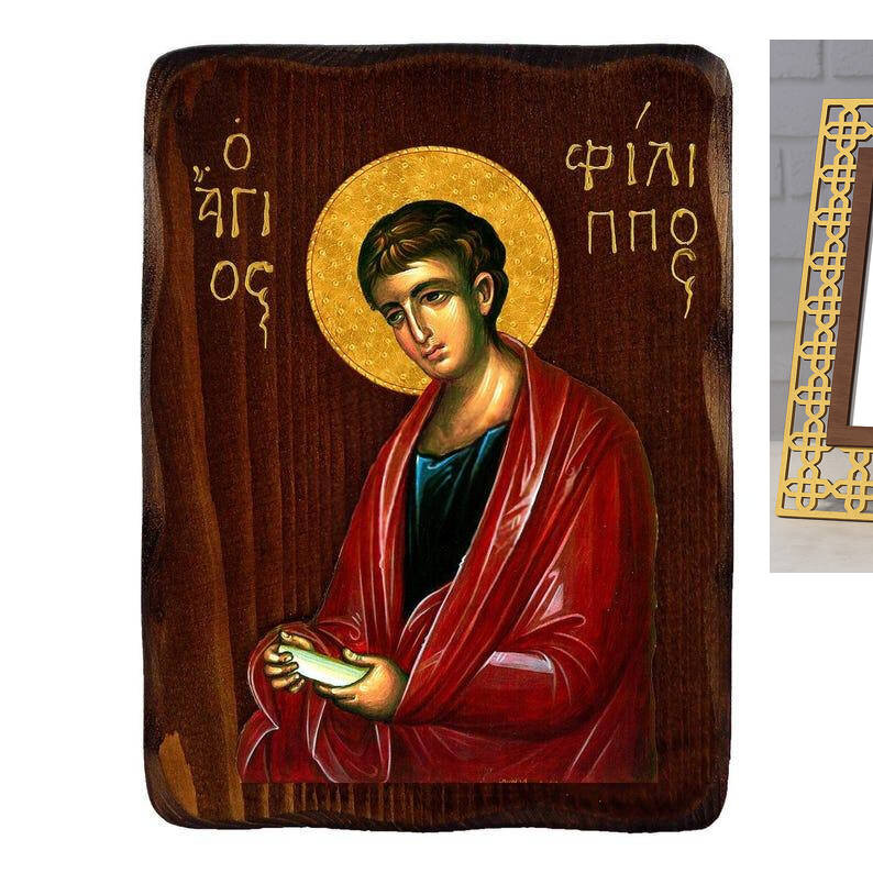 Εικόνα Ορθοδοξίας με περίγραμμα χρυσό σε ξύλο Φλαμουρίας  με  βάση Εικόνα Αγίου Φιλίππου, Χειροποίητη Ελληνορθόδοξη εικόνα του Αγίου Φιλίππου, επιτοίχια πλάκα βυζαντινής τέχνης, θρησκευτικό δώρο, χριστιανική διακόσμηση Διάσταση 50x40 cm (19,7 x 15,8 ίντσες)  INTRAEK-6543216723709