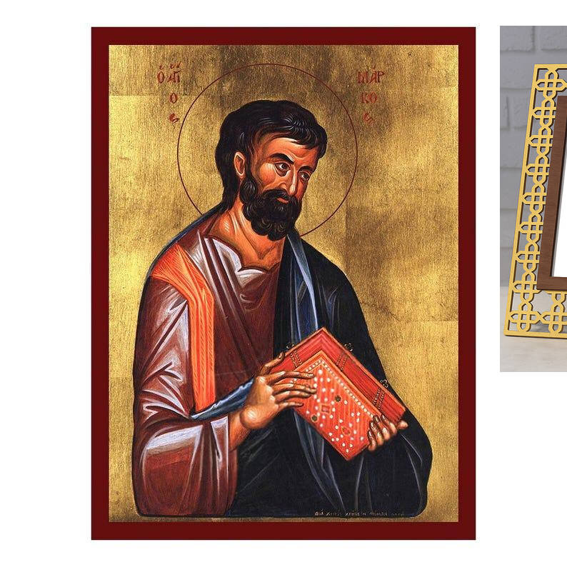 Εικόνα Ορθοδοξίας με περίγραμμα χρυσό σε ξύλο Φλαμουρίας  με  βάση Εικόνα Αγίου Μάρκου του Ευαγγελιστή, Χειροποίητη Βυζαντινή εικόνα του Αγίου Μάρκου, Κρεμαστή πλάκα θρησκευτικής τέχνης, χριστιανικό δώρο Διάσταση 50x40 cm (19,7 x 15,8 ίντσες)  INTRAEK-6543216723708