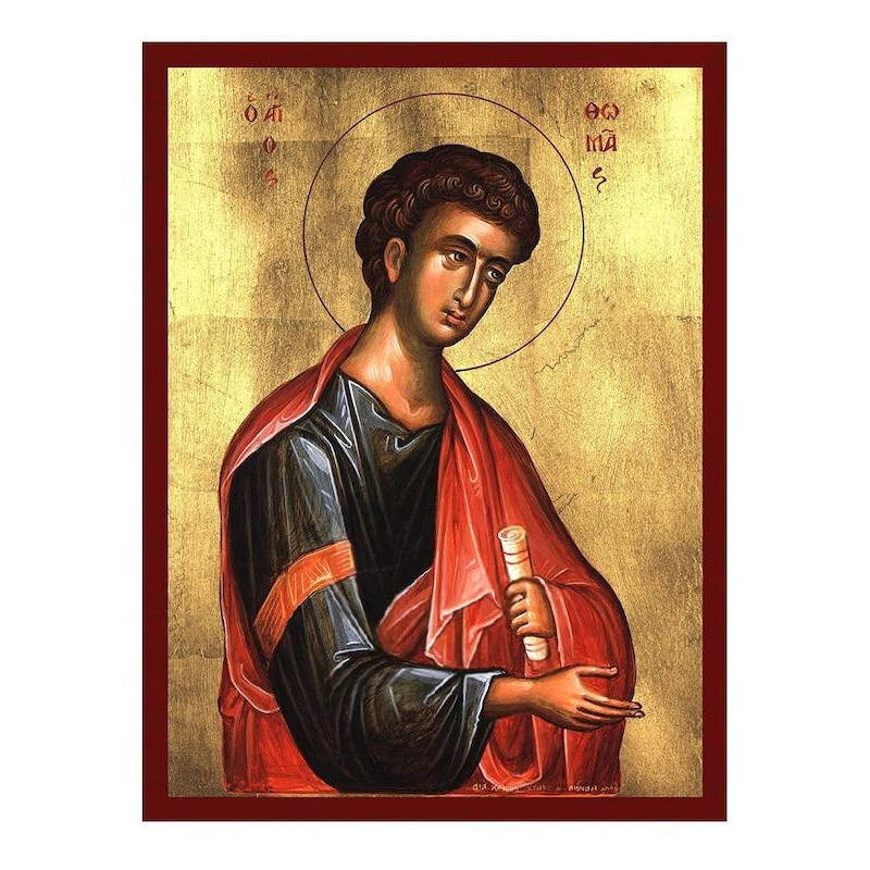 Εικόνα Ορθοδοξίας με περίγραμμα χρυσό σε ξύλο Φλαμουρίας  με  βάση Εικόνα Αγίου Θωμά του Αποστόλου, Χειροποίητη ελληνική εικόνα του Αγίου Θωμά, επιτοίχια πλάκα βυζαντινής τέχνης, χριστιανικό δώρο Διάσταση 50x40 cm (19,7 x 15,8 ίντσες)  INTRAEK-6543216723694