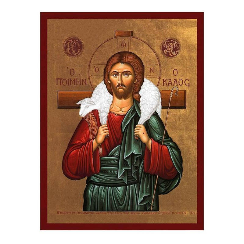 Εικόνα Ορθοδοξίας με περίγραμμα χρυσό σε ξύλο Φλαμουρίας  με  βάση Ιησούς Χριστός ο Καλός Ποιμένας, Χειροποίητη Ελληνορθόδοξη εικόνα του Ιησού Χριστού, Κρεμαστή πλάκα βυζαντινής τέχνης, χριστιανική τέχνη Διάσταση 40x30 cm (15,8 x 11,8 ίντσες)INTRAEK-43216723684