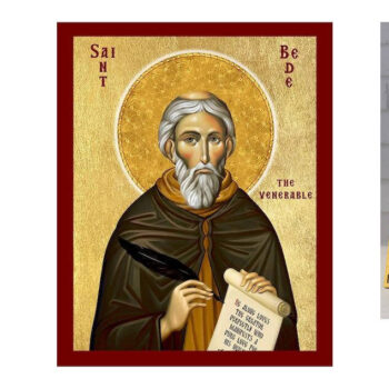 Εικόνα Ορθοδοξίας με περίγραμμα χρυσό σε ξύλο Φλαμουρίας  με  βάση Άγιος Βέδης η Σεβασμιώτατη Εικόνα, Χειροποίητη Χριστιανική Εικόνα του Αγίου Βέδη, Κρεμαστή πλάκα Βυζαντινής Τέχνης, Χριστιανική Θρησκευτική Τέχνη Διάσταση 45x35 cm (17,7 x 13,8 ίντσες) INTRAEK-543216723680 - Image 1