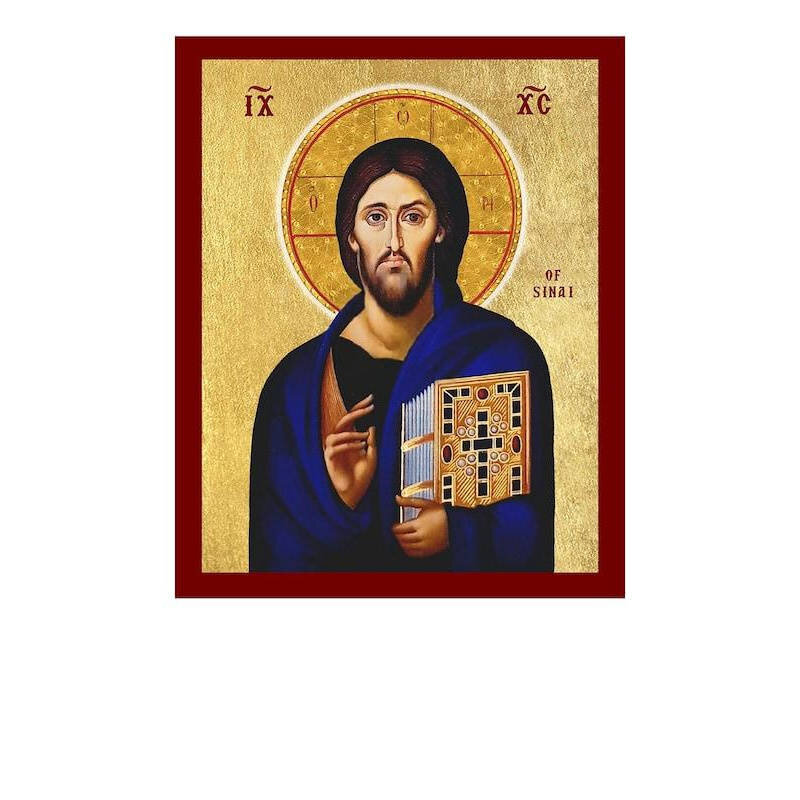 Εικόνα Ορθοδοξίας με περίγραμμα χρυσό σε ξύλο Φλαμουρίας  με  βάση Χριστός του Σινά μπλε Έκδοση Εικόνα, Ζωντανή Βυζαντινή Ορθόδοξη Τέχνη τοίχου, Χειροποίητη Ελληνική Χριστιανική Εικόνα, Θρησκευτικό Δώρο Ιησού Παντοκράτορα Διάσταση 45x35 cm (17,7 x 13,8 ίντσες) INTRAEK-543216724217